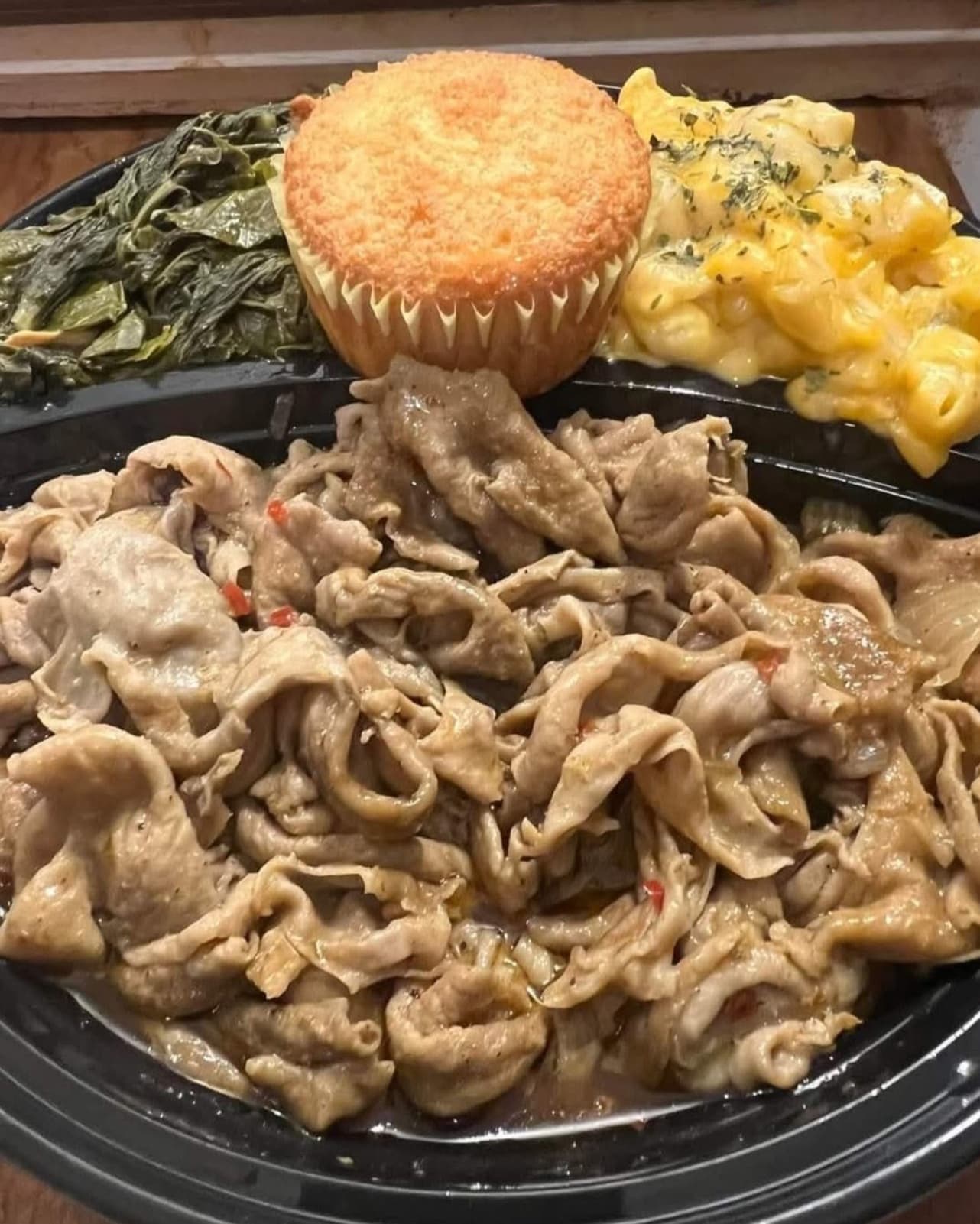 Chitterlings with Greens, Mac & Cornbread