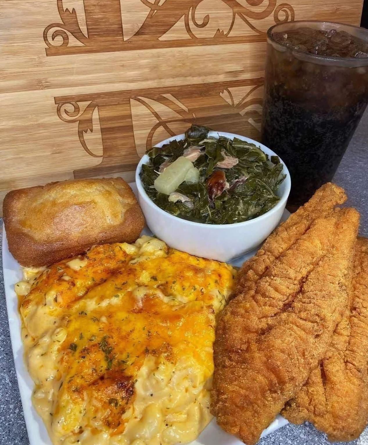 Fried Catfish Plate with Mac, Greens & Cornbread