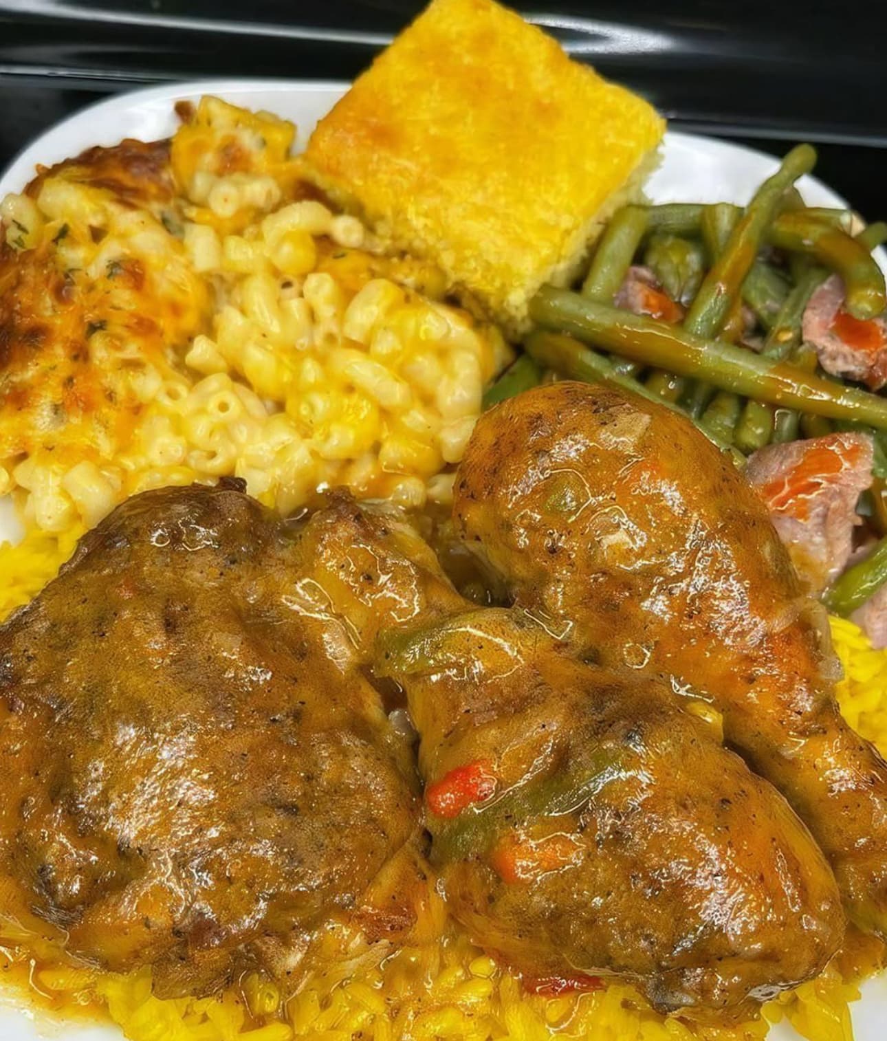 Smothered Chicken with Yellow Rice, Mac & Green Beans
