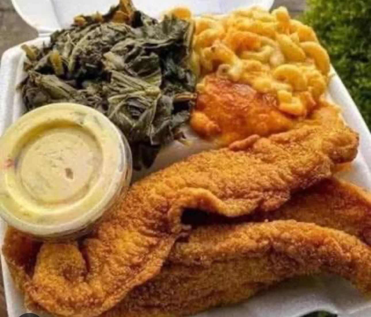Fried Catfish with Greens & Mac
