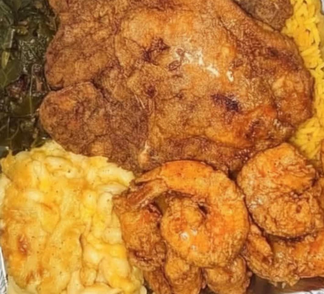 Fried Porkchops with Shrimp, Mac & Greens