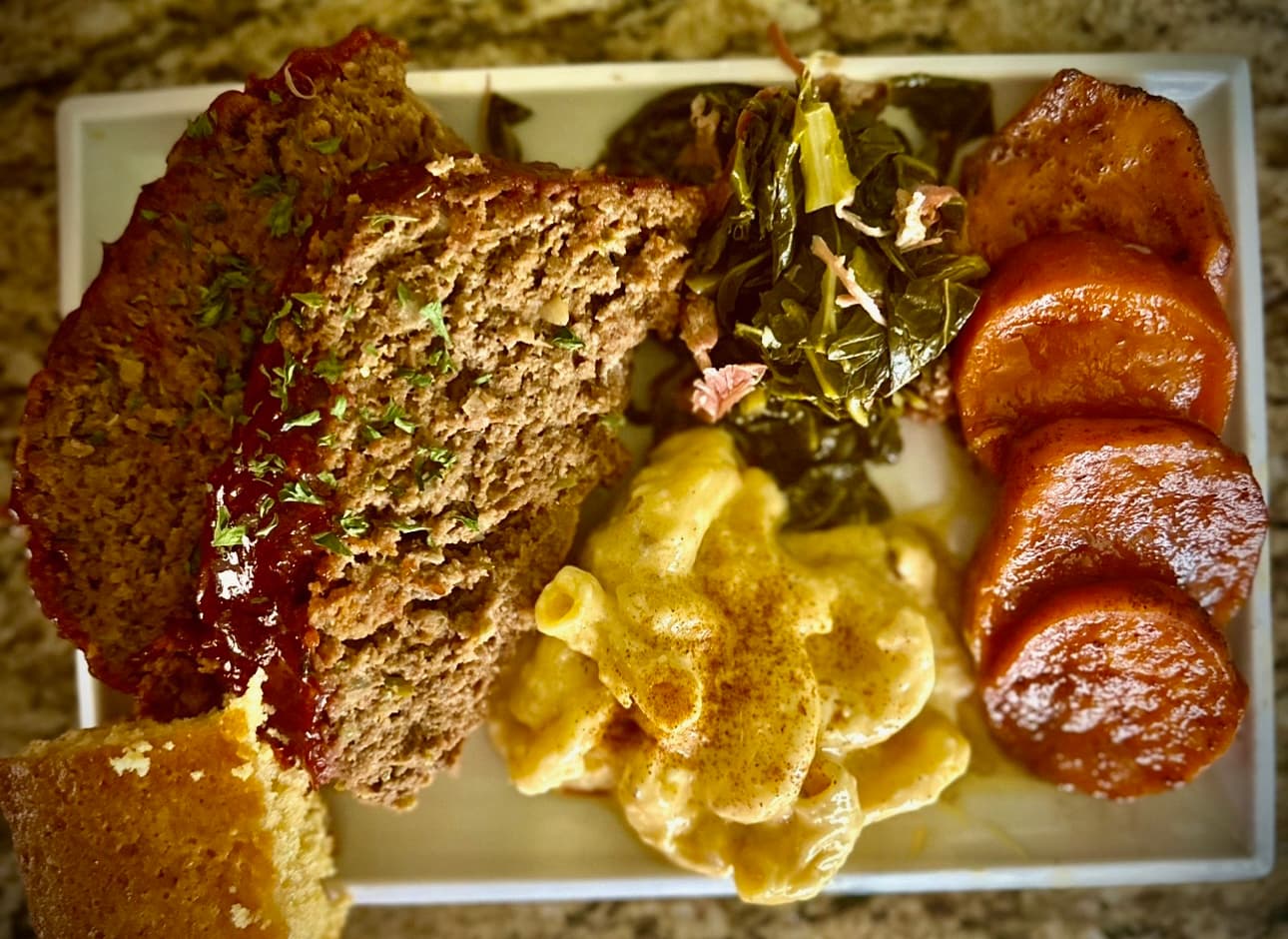 Meatloaf with Greens, Mac & Yams